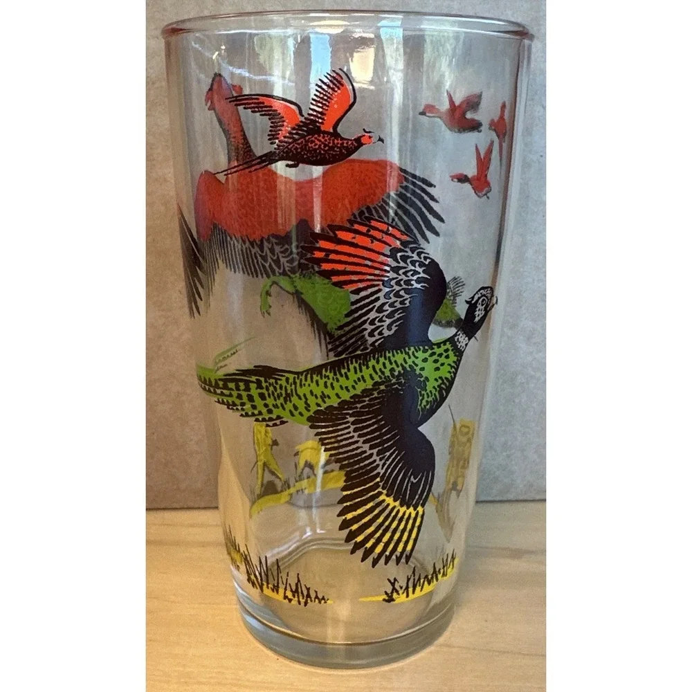 Hazel Atlas Pheasant VTG Glass Tumbler Hunter White‎ Bird Dog Vintage 24 oz 6.6